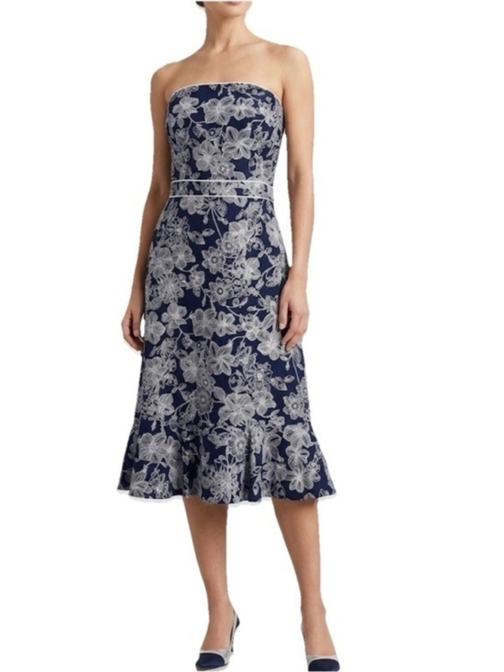 Ann Taylor LOFT Floral Dress Strapless Flowers Butterflies Black White Lined 6